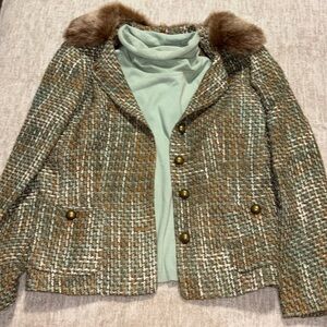 Kasper 14 Textured Tweed tailor fit blazer brown aqua faux fur removable collar.